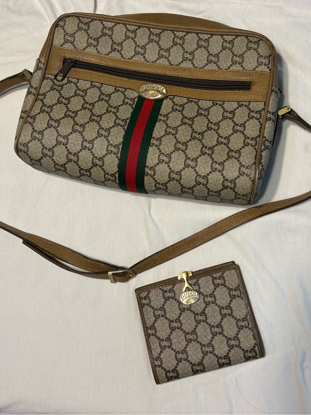 Gucci Plus Brown GG Supreme Crossbody with Green & Red Web and Tan Trim